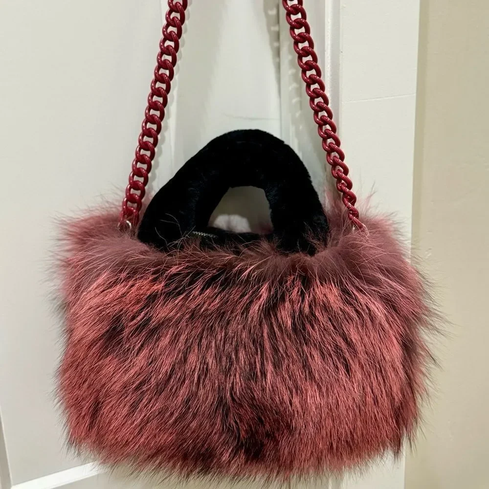 Maroon Handmade Dyed Real Fox Fur Bag With Fur Handle Includes 2 Strap Styles